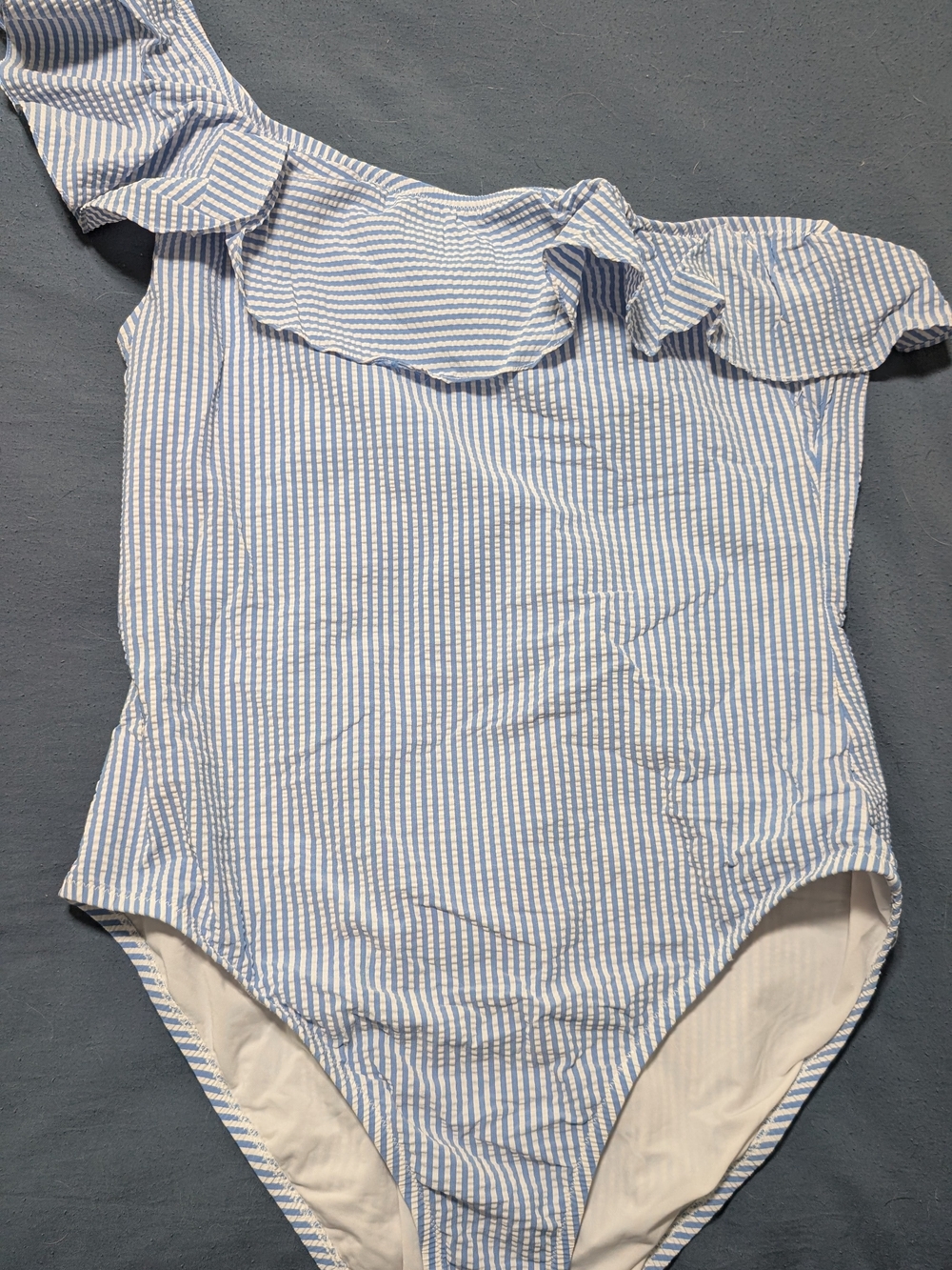 J. Crew Blue and White Searsucker Striped One-Piece Swimsuit with Ruffle